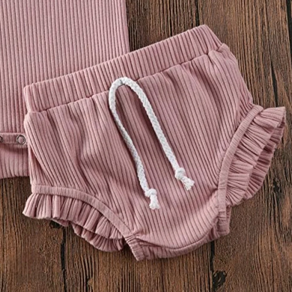 Baby Girl Ribbed 2Pc Set Dusty Pink Bodysuit Ruffle Bloomer Summer Outfit 12-18M